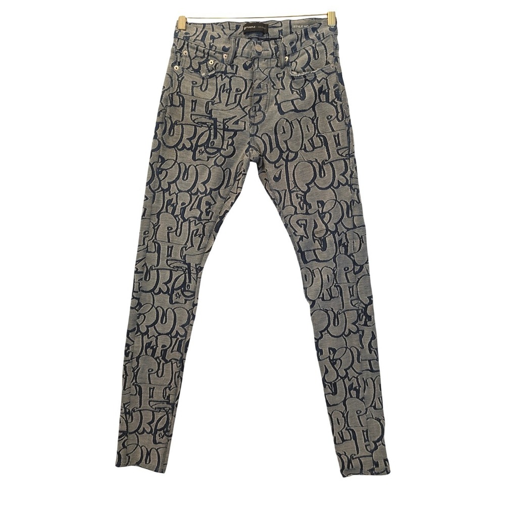 Purple Brand P001 Slim Fit All Over Logo Jacquard Blue Denim Jeans Mens